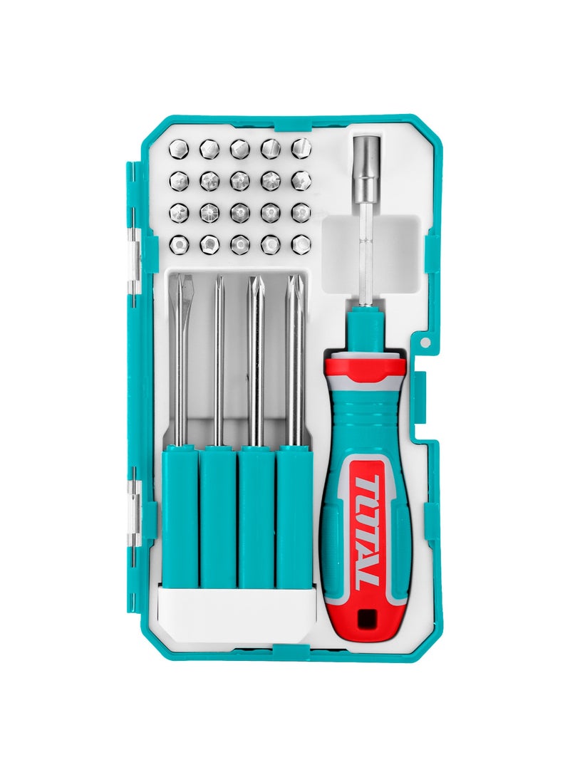 توتال طقم مفك ورؤوس قابل للتبديل من توتال مكوّن من ٣٠ قطعة، مصنوع من فولاذ كروم فاندوم، يضم رؤوس فيليبس والمسطّحة وتوركس والسداسية، مع حامل تمديد بطول ٦٥ ملم، وعلبة تخزين بلاستيكية - Image 1